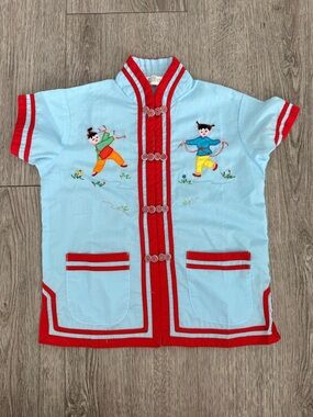 Vintage Plum Blossoms Children’s Kimono Shirt Embroidered  light Blue 2T